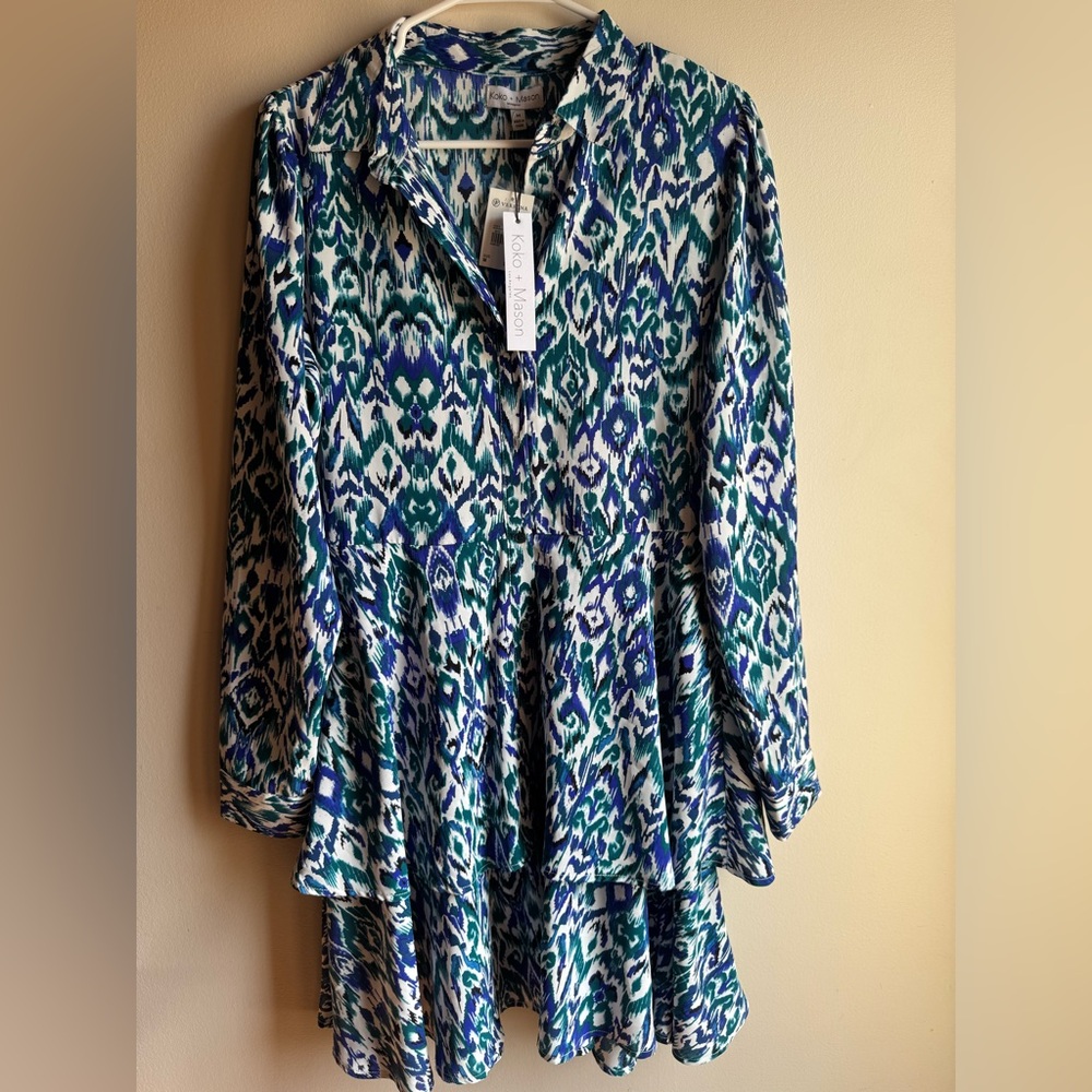 Koko + Mason Blue and Green Patterned Long Sleeve Dress Size Medium NWT